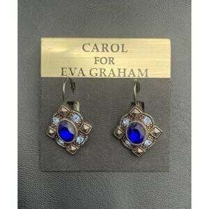 NWT Carol For Eva Graham Antique Silver Tone & Blue Rhinestone Pierced Earrings